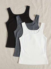 3 Pack Plus Size Basic Tank Top Set Women's Plus Solid Ribbed Round Neck