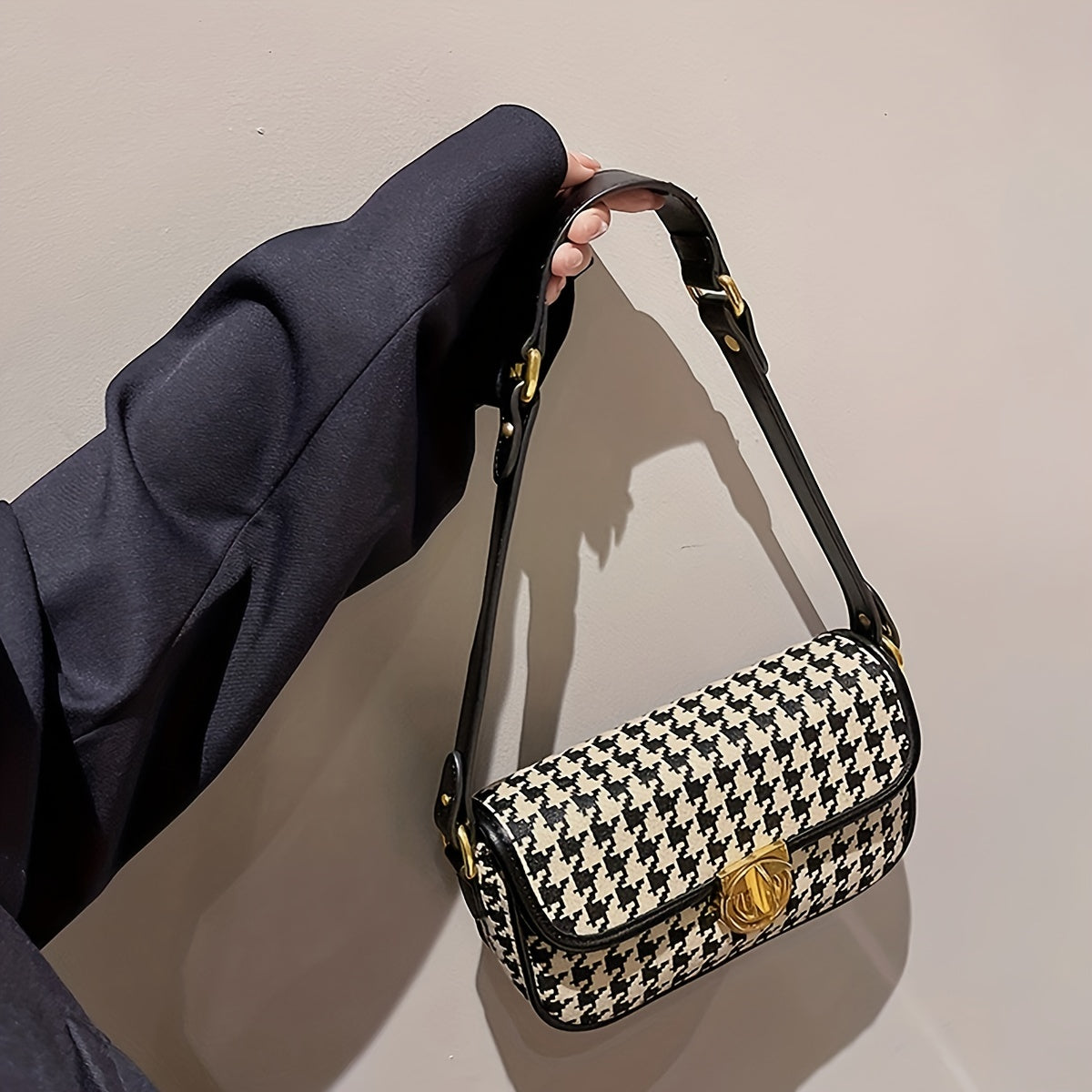 Women's Houndstooth Underarm Bag Lightweight Turn Lock Armpit Bag