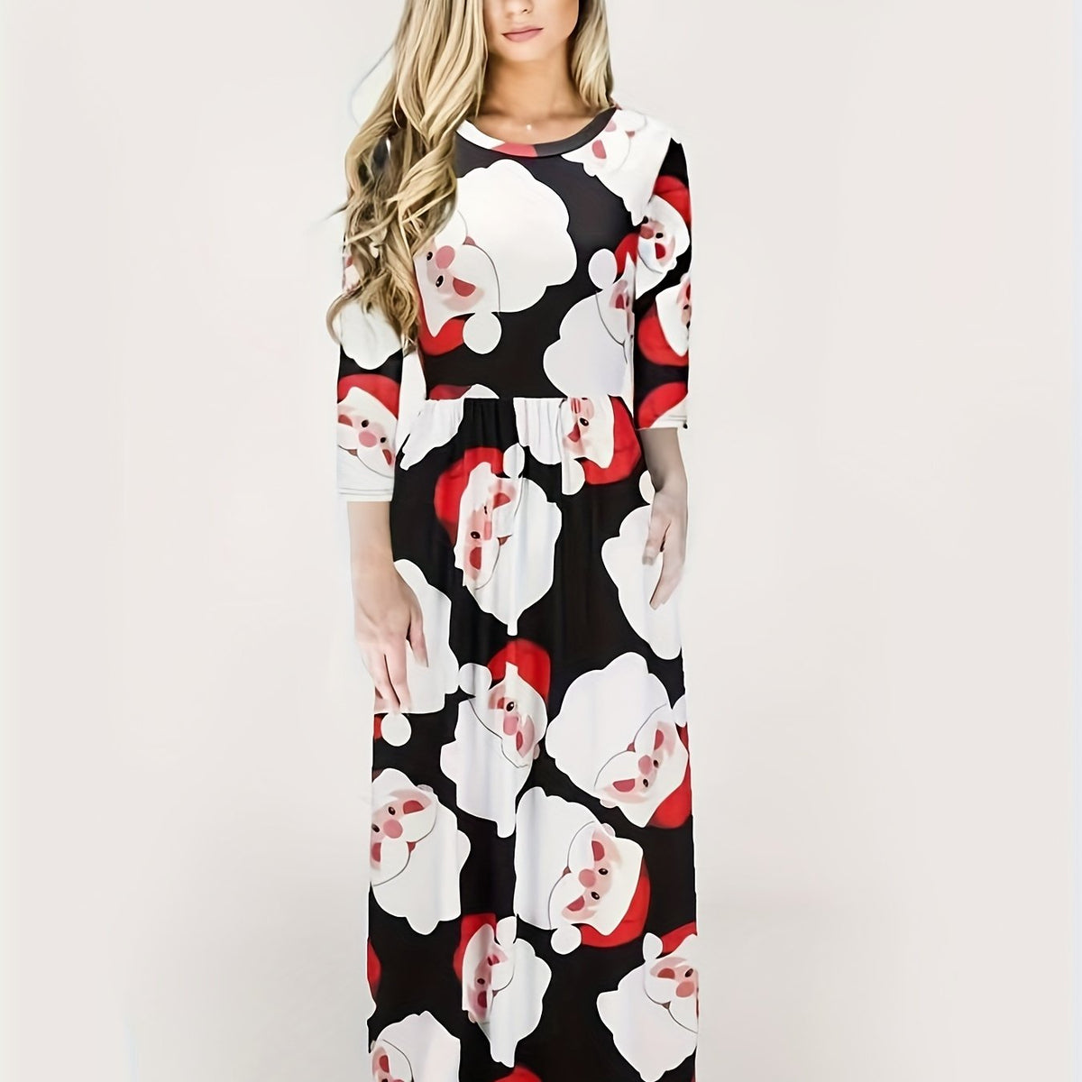  Santa Claus Print Half Sleeve Round Neck Stretch Maxi Dress
