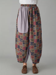  Colorblock Geometric Print Boho Pants Elastic High Rise Loose Fit