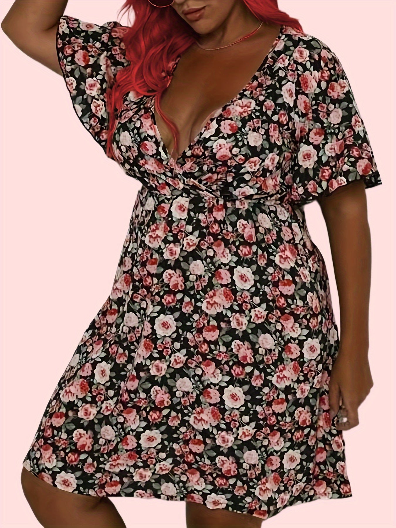  Rose Print Short Sleeve V Neck Dress
