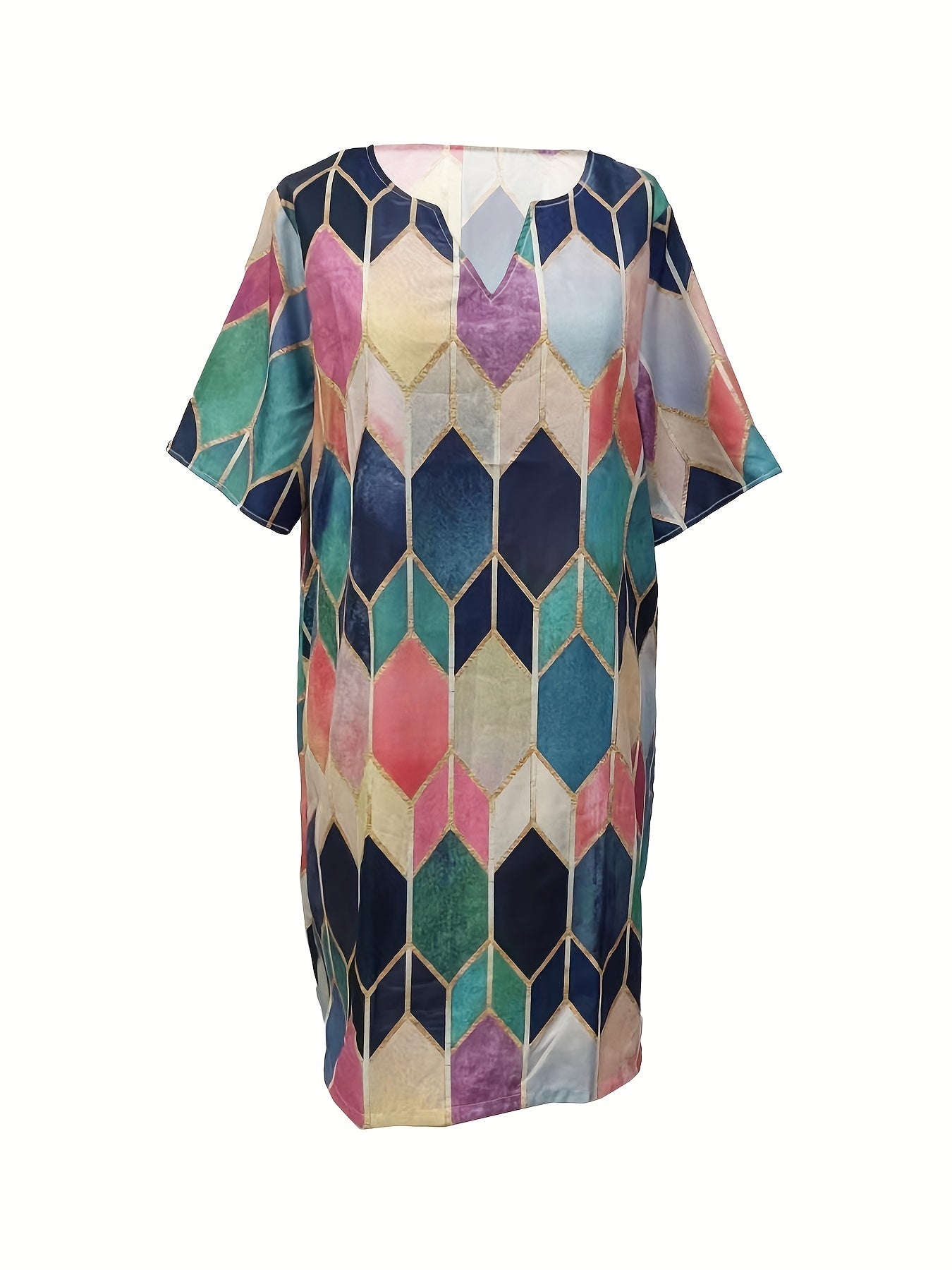  Geometric Print Short Sleeve Notched Neck Dress