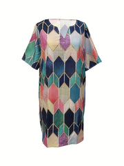  Geometric Print Short Sleeve Notched Neck Dress