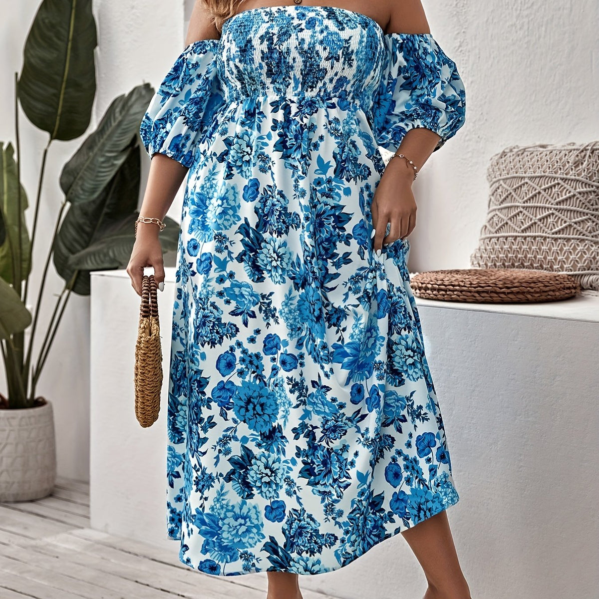 Plus Floral Print Strapless Maxi Summer Dress With Arm Sleeves