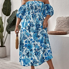Plus Floral Print Strapless Maxi Summer Dress With Arm Sleeves
