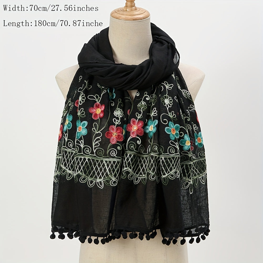 Vintage Flower Embroidery Scarf Boho Tassel Shawl Classic Head Wraps Women Hijab