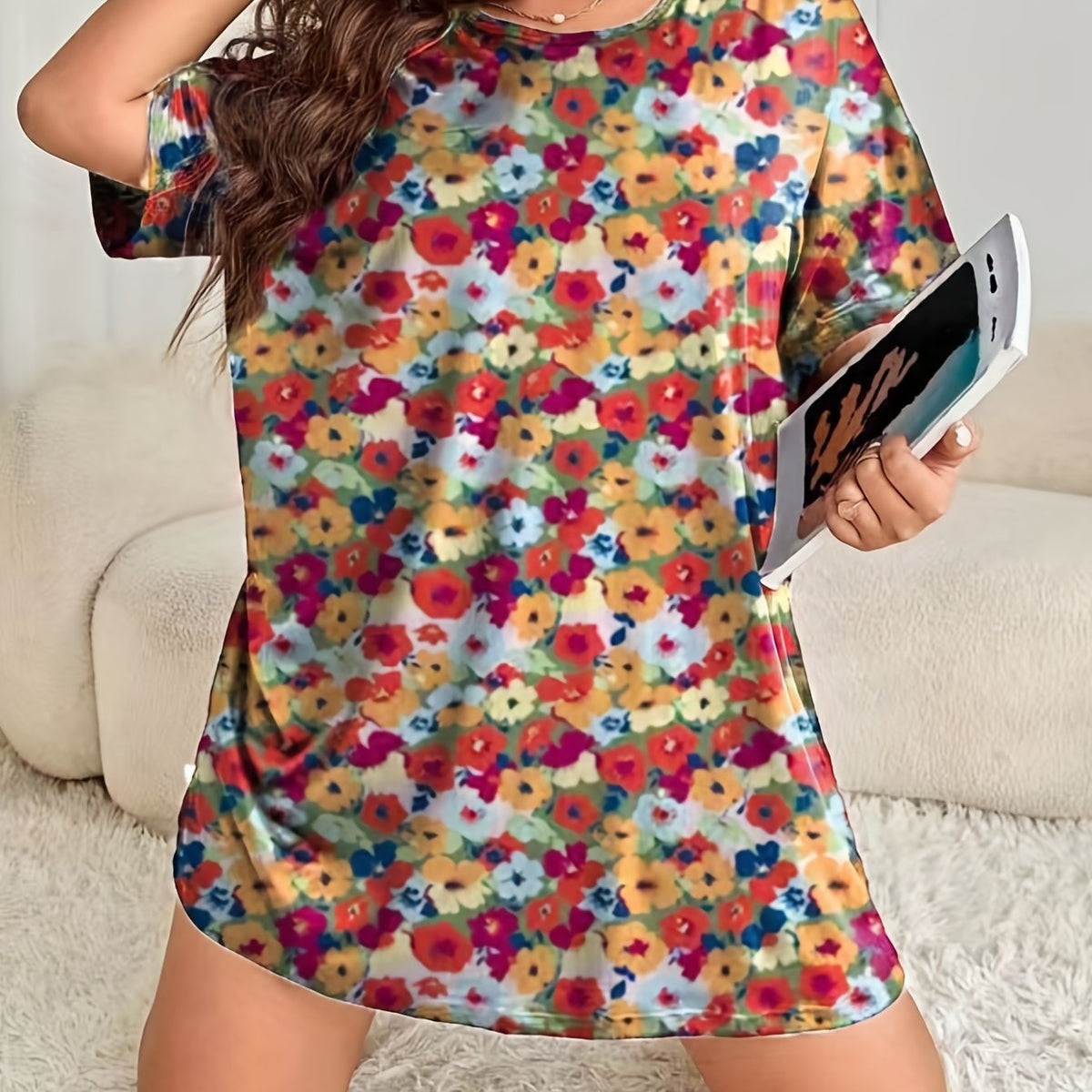  Floral Print Short Sleeve Sleep Dress