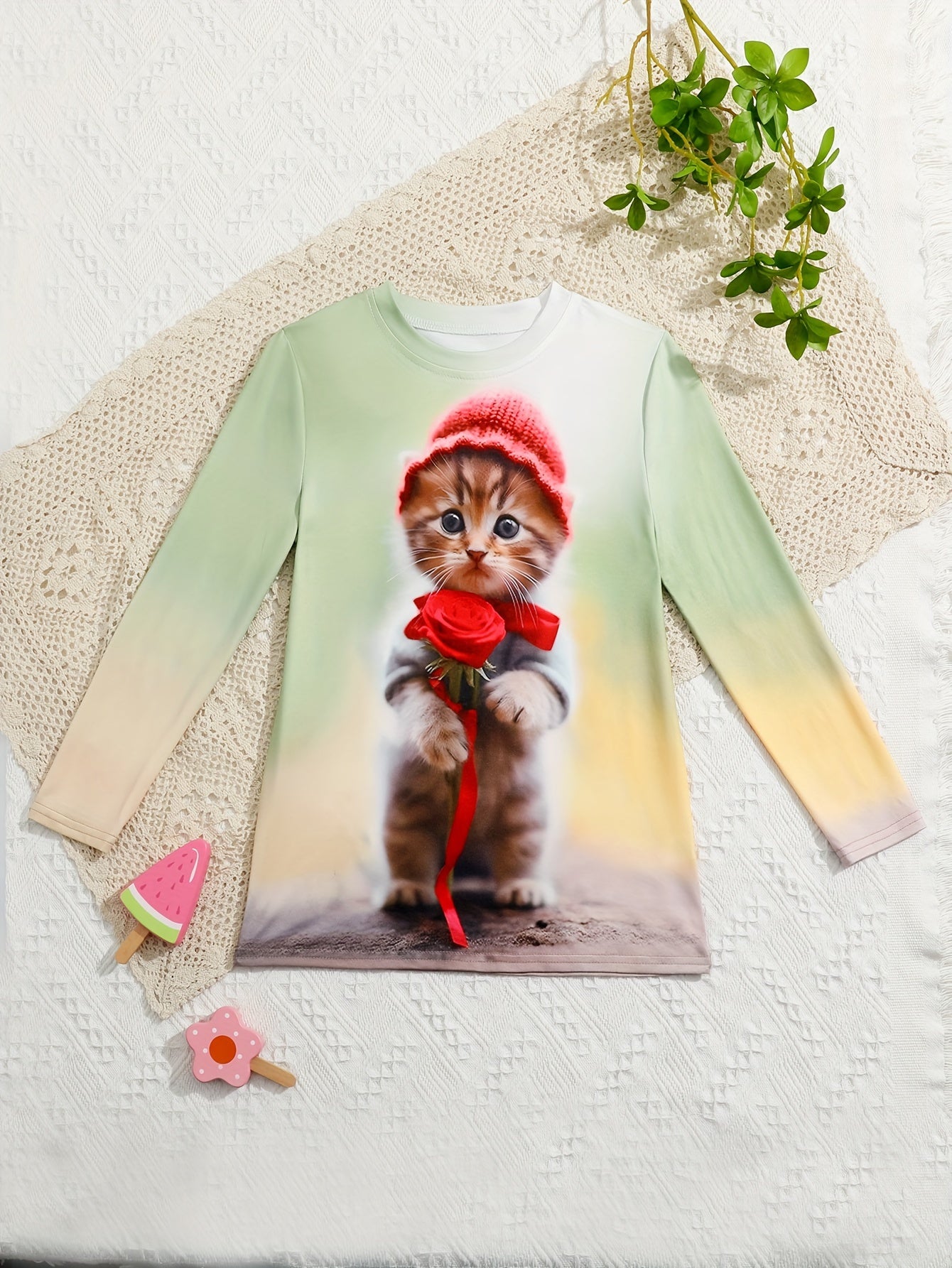 Cartoon Kitty & Rose Flower Long Sleeve T shirt Girls Spring Fall