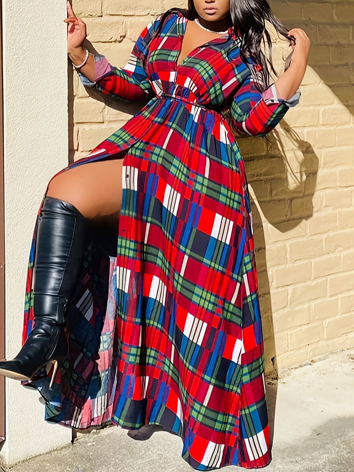 Women's Plus Plaid Print Button Up Long Sleeve Maxi Shirt Dress
