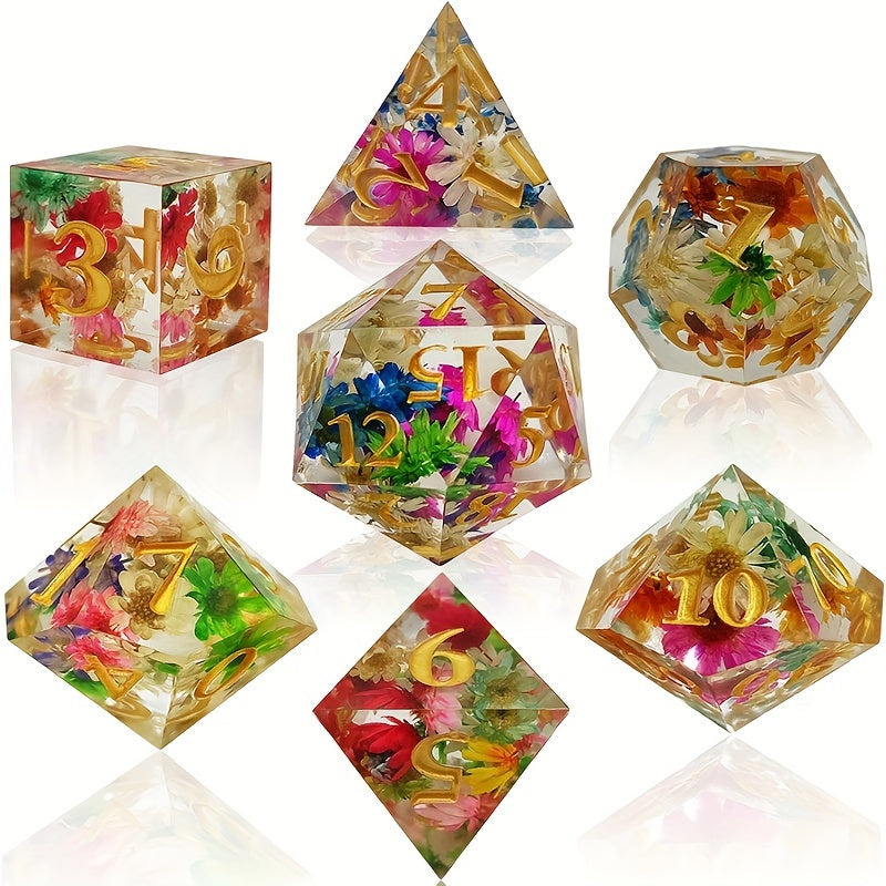 7pcs Transparent Flower Resin Dice Game Accessories