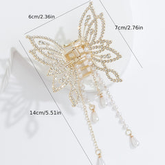 Rhinestone Faux Pearl Butterfly Tassel Hair Claw Clip Non Slip Strong Grip