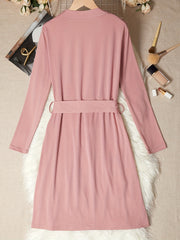 Women's Solid Night Robe Long Sleeve V Neck With Belt