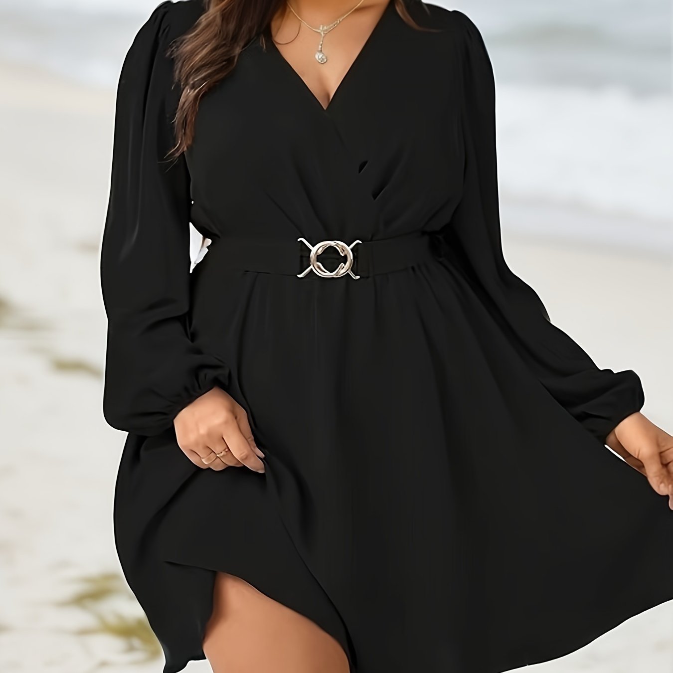  Solid Lantern Sleeve V Neck A line Dress With Belt