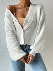  Solid Button Up Lantern Sleeve V Neck Cardigan