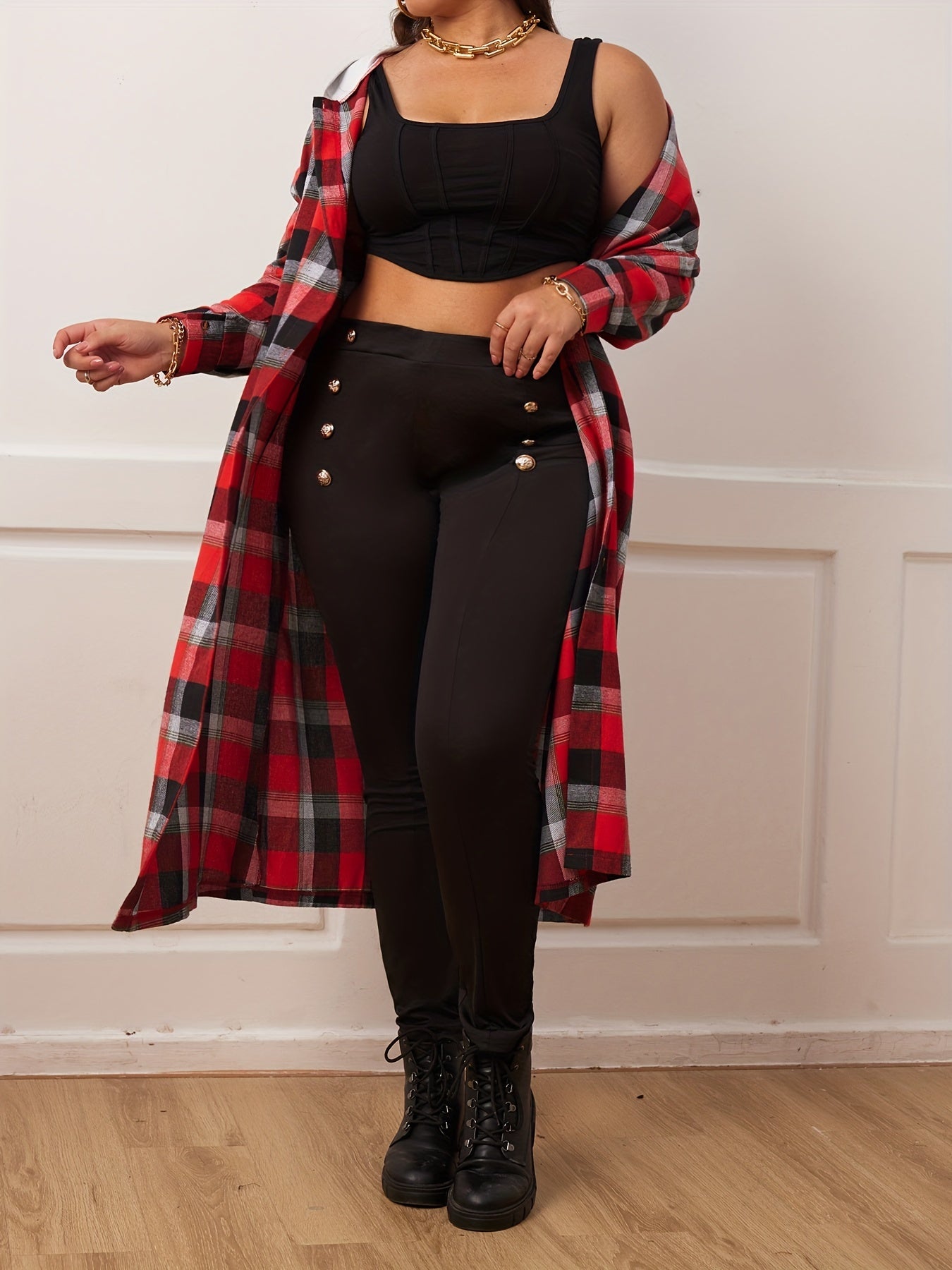  Plaid Print Hooded Blouse