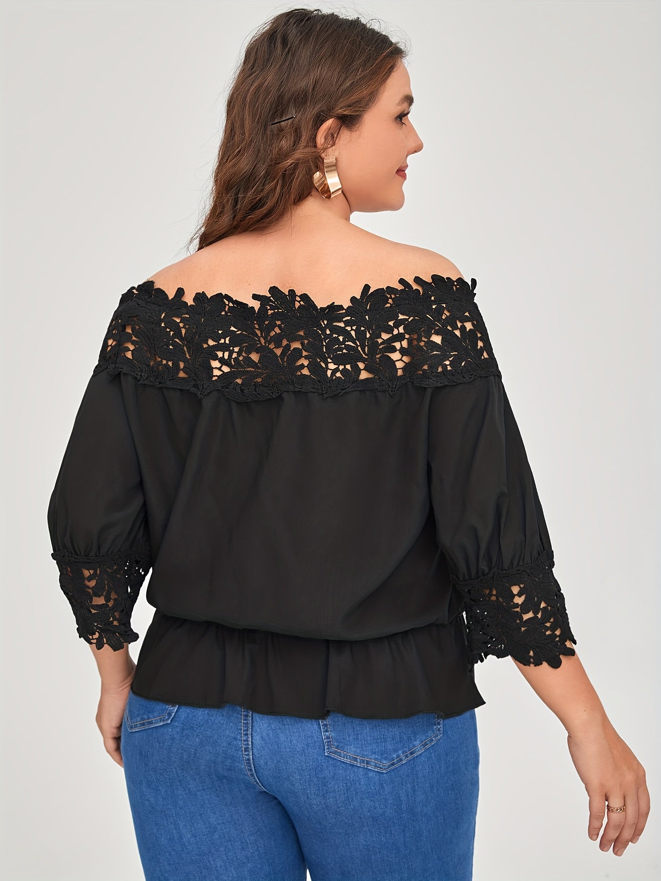  Blouse Women's Plus Contrast Lace Off Shoulder Top