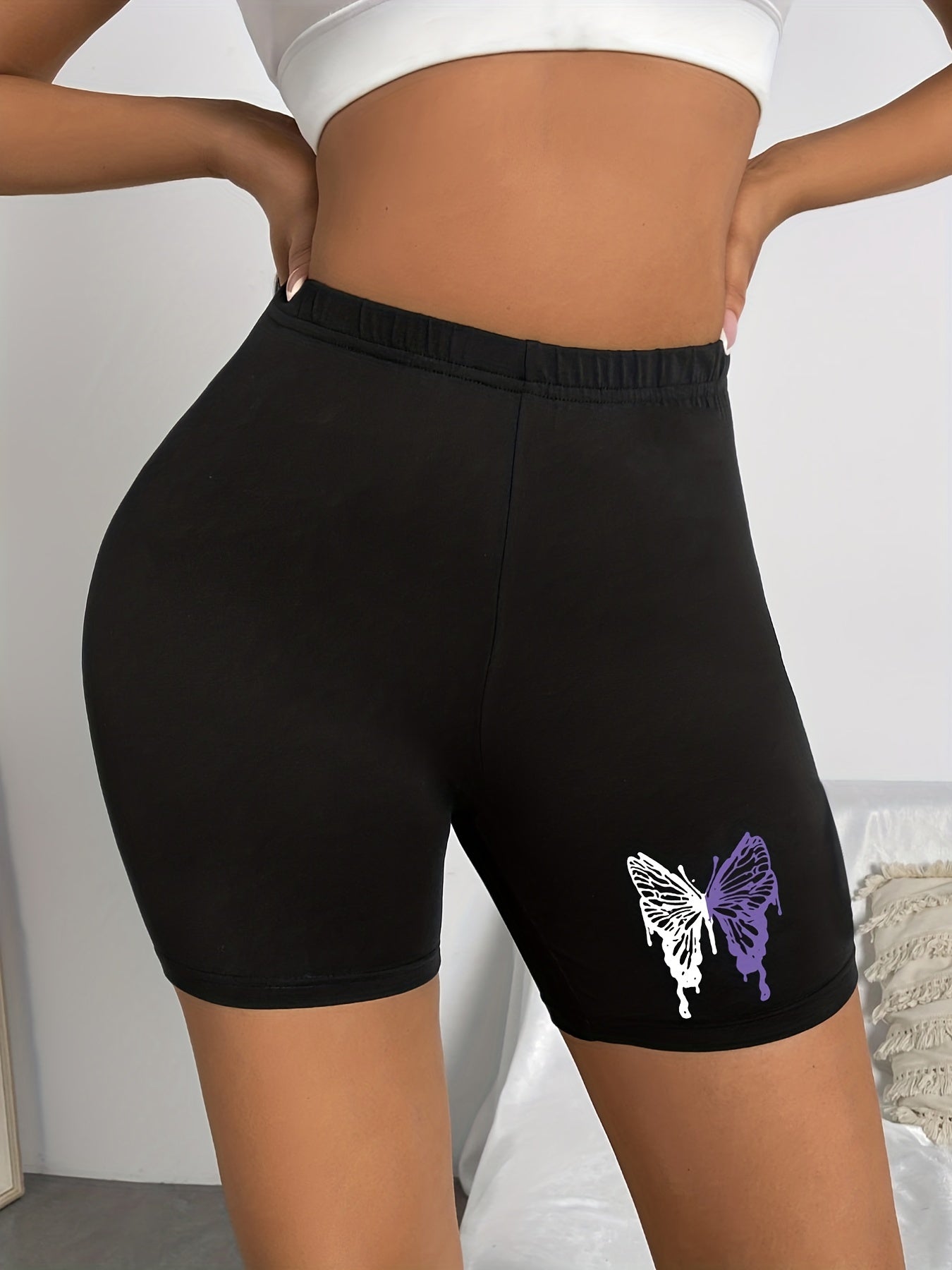 Butterfly Print Slim Shorts Casual Elastic High Waist Workout Shorts