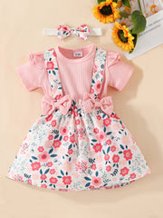 3pcs Baby Girls Onesie & Floral Suspender Skirt Set