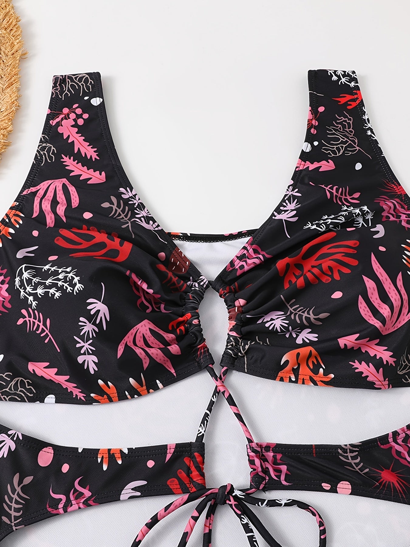  Coral Print Cut Out Drawstring Front One Piece Swimsuit