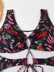  Coral Print Cut Out Drawstring Front One Piece Swimsuit