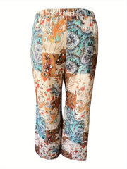  Boho Pants Women's Paisley Floral Print Wide Leg Trousers