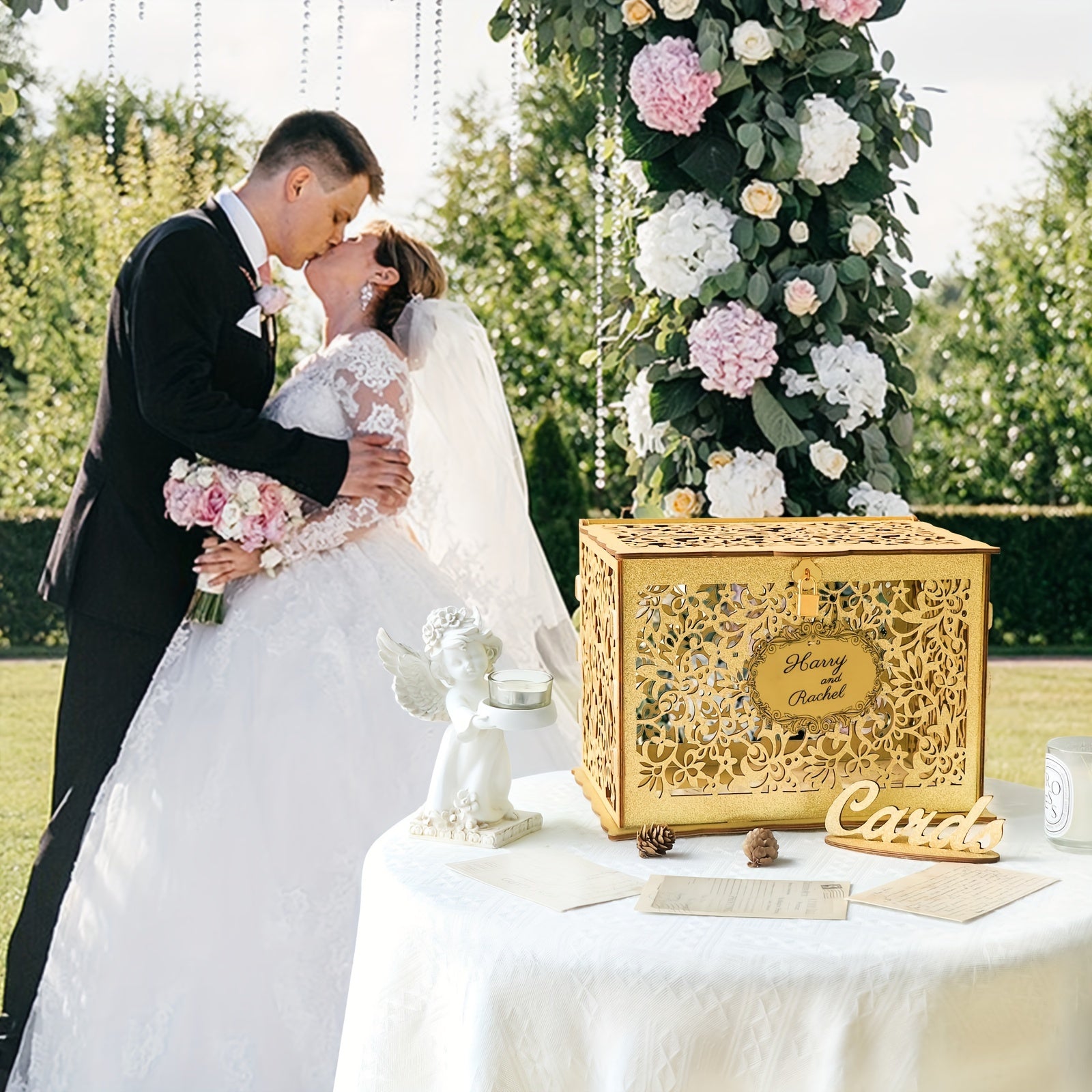 Golden Wedding Card Box Glittery Wooden DIY Envelope Coin Card Box