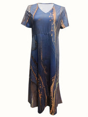  Marble Print Short Sleeve Midi Dress