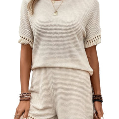 Waffle Tassel Two piece Set Crew Neck Short Sleeve Tops & Comfy Short Outfits