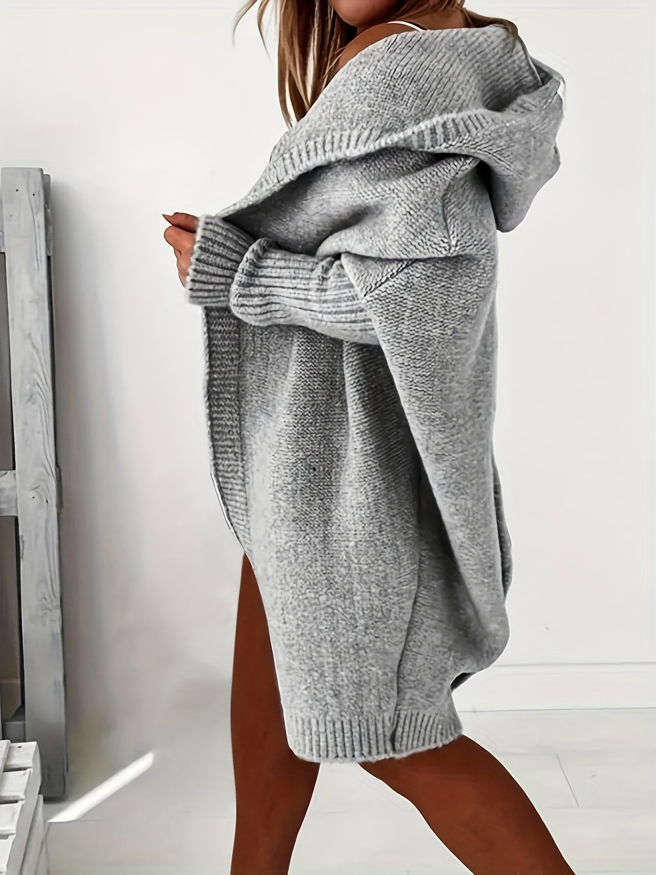  Open Front Batwing Sleeve Hooded Sweater Cardigan