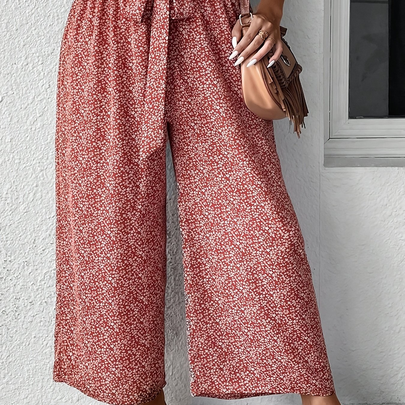  Women's Floral Print Ruffle Wide Leg Pants
