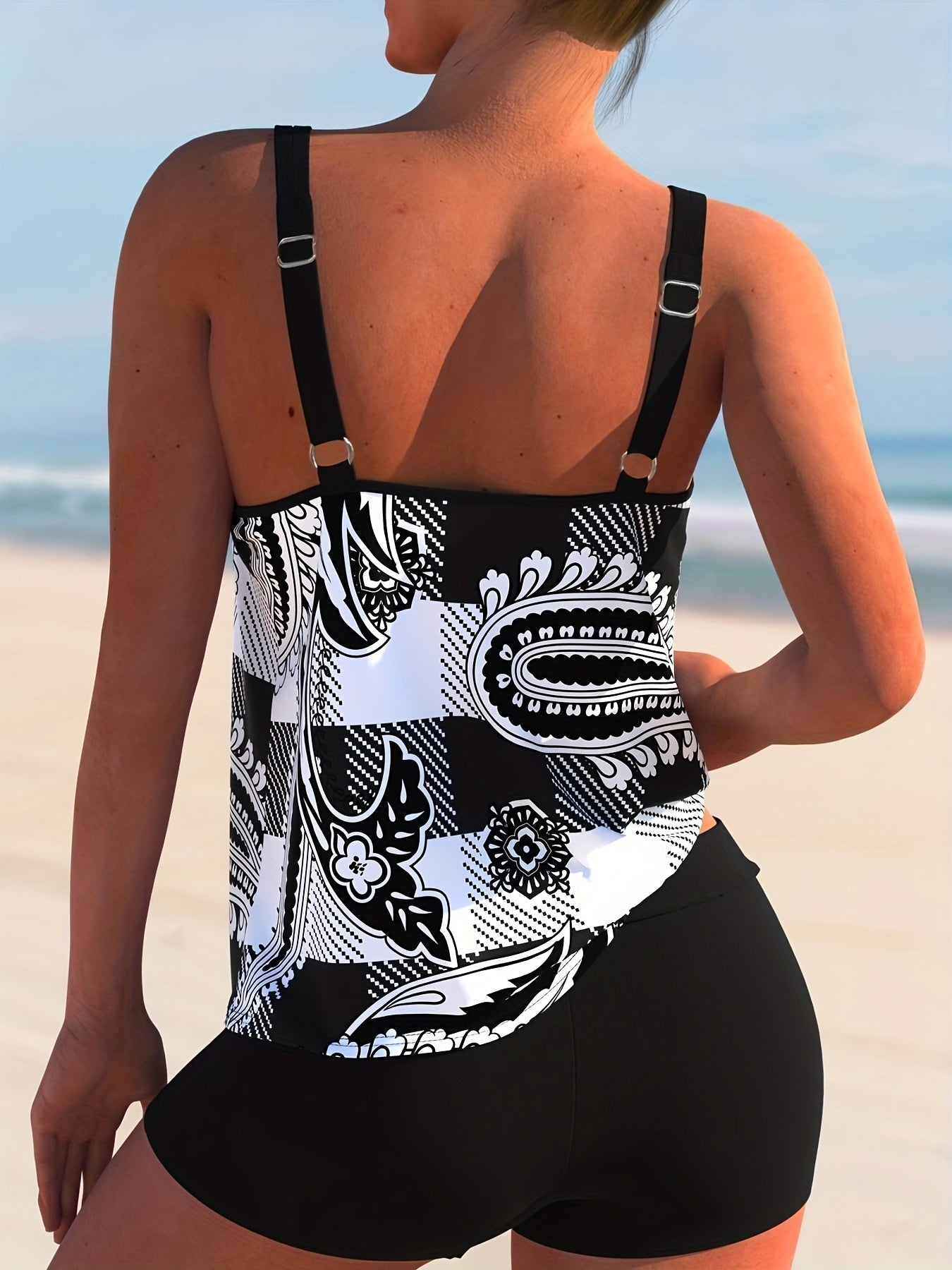  Paisley Print Tankini Set High Stretch Tank Top & Shorts Two Piece