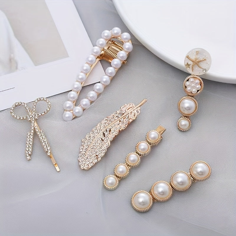 6pcs Retro Teddy Bear Flower Hair Clip Feather Scissors Faux Pearl Side Clip