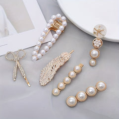 6pcs Retro Teddy Bear Flower Hair Clip Feather Scissors Faux Pearl Side Clip