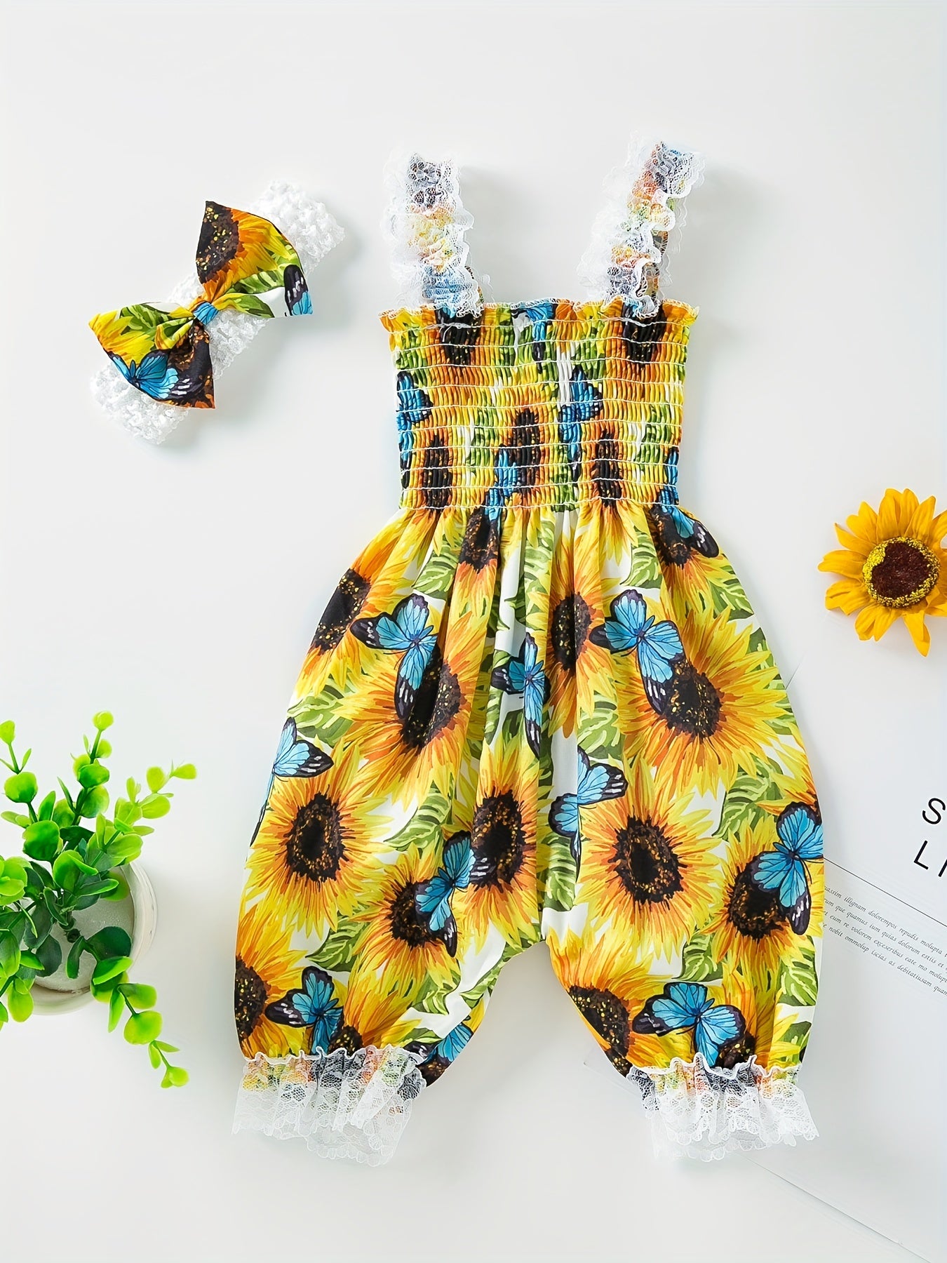 Baby Girls Floral Print Romper Jumpsuit & Headband Set