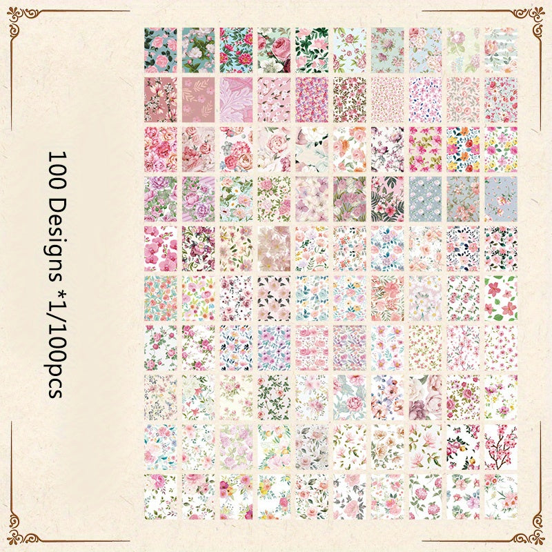 100 Sheets Garden Handbook Material Book Retro Flower Stickers