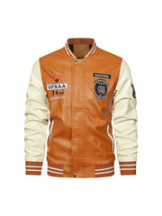 Men's Casual Zipper Baseball Collar PU Leather Jacket