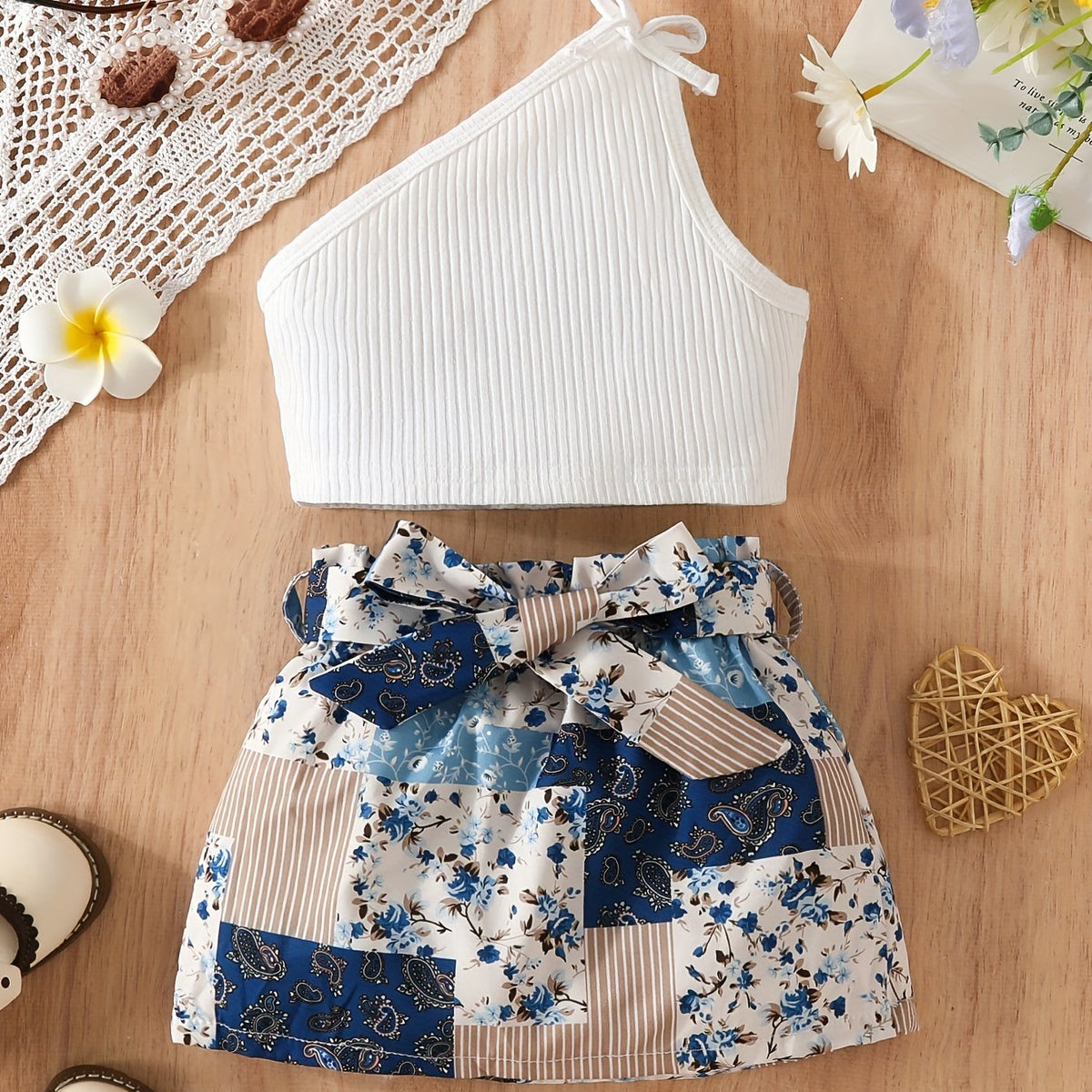 2pcs Baby Girls Cold Shoulder Tops & Flowers Allover Print Skirt
