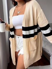  Stripe Print Long Sleeve Open Front Cardigan With Pockets