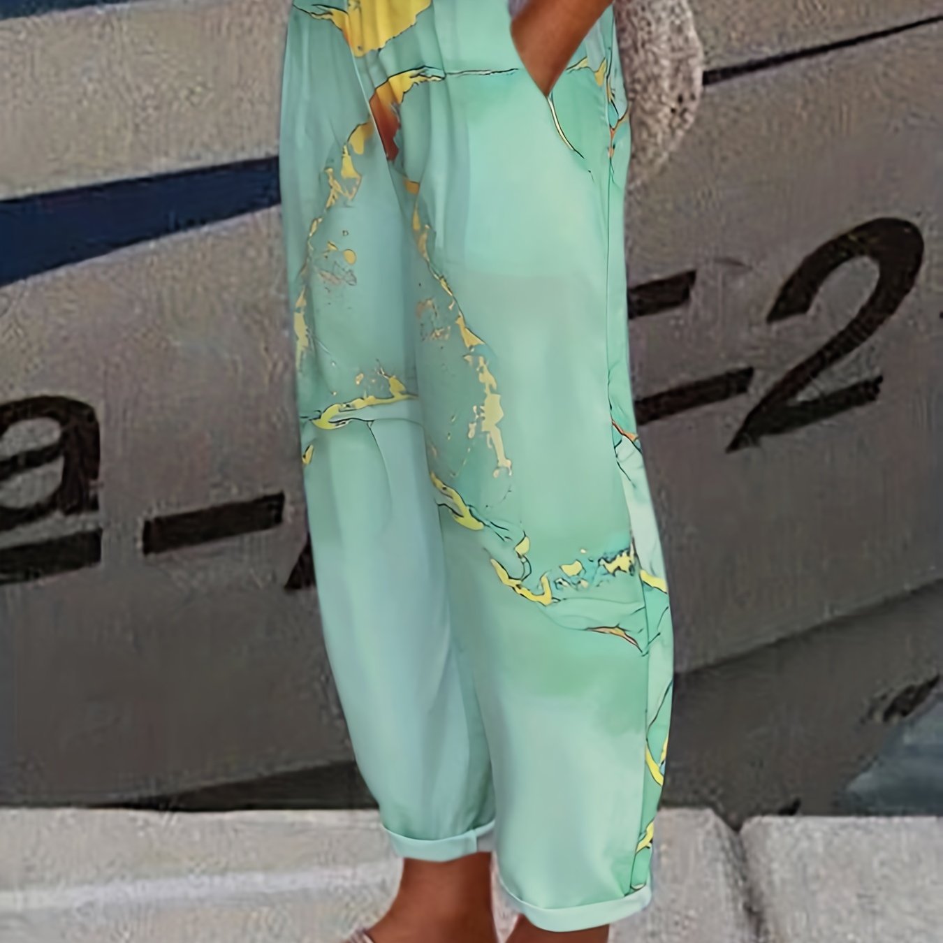Women's Plus Marble Print High Rise Straight Leg Pants
