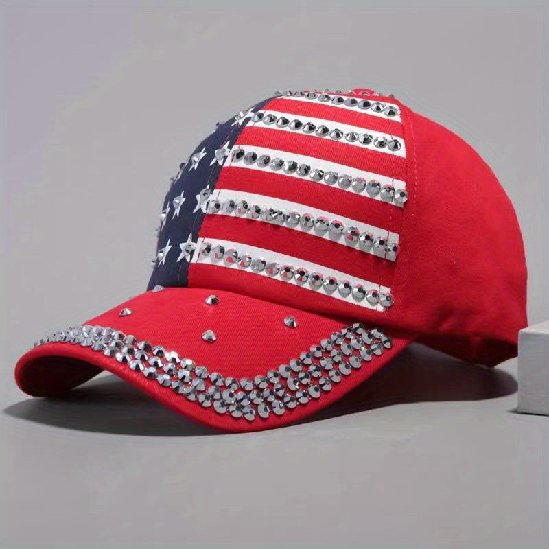 American Flag Sunshade Baseball Cap with Inlaid Diamonds