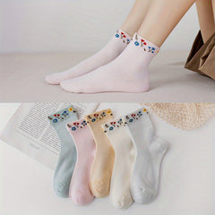 5 Pairs Floral Print Crew Socks Women's Stockings & Hosiery