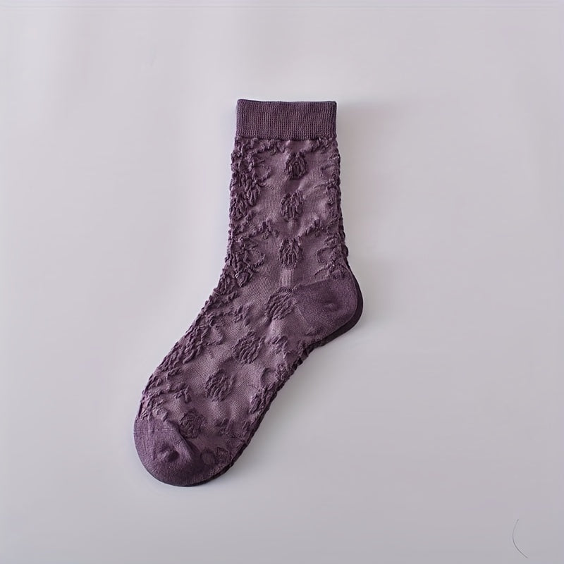 5 Pairs 3D Floral Textured Socks Retro Ethnic Style Mid Tube Women's Stockings