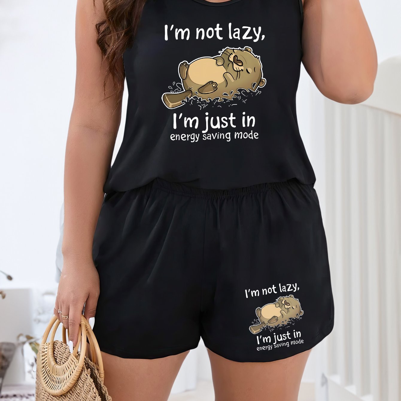  Cartoon Animal Print Tank & Shorts Set Women's Casual Loungewear