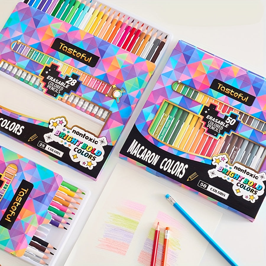 50pcs Erasable Colored Pencils Set Macaron Colors with Erasers, 3.0mm Thick