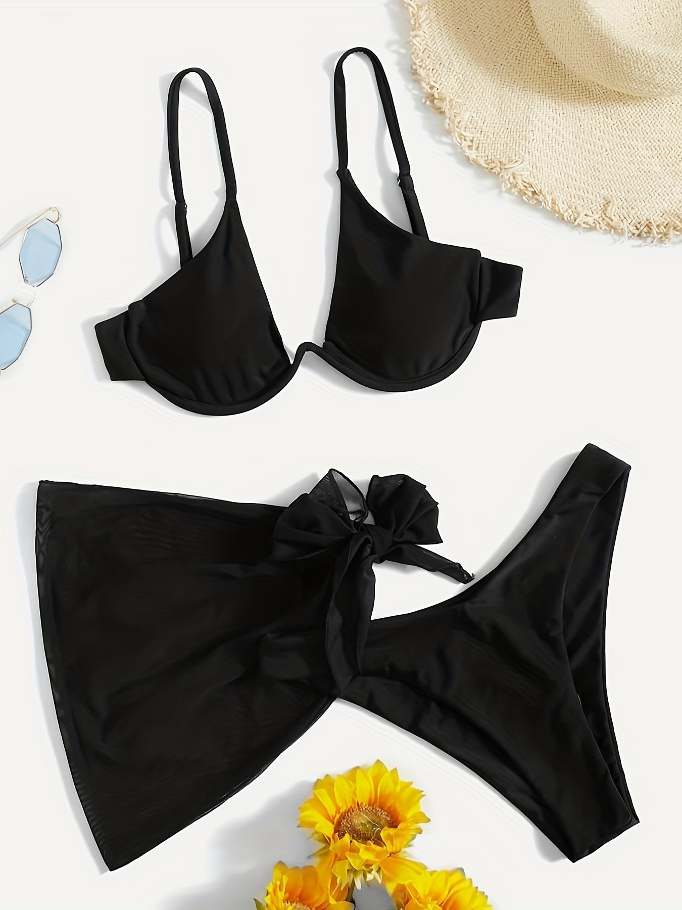 Mesh Tie Side Cover Up Solid Bikini Set