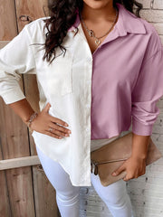  Colorblock Long Sleeve Button-Up Shirt Top With Pockets