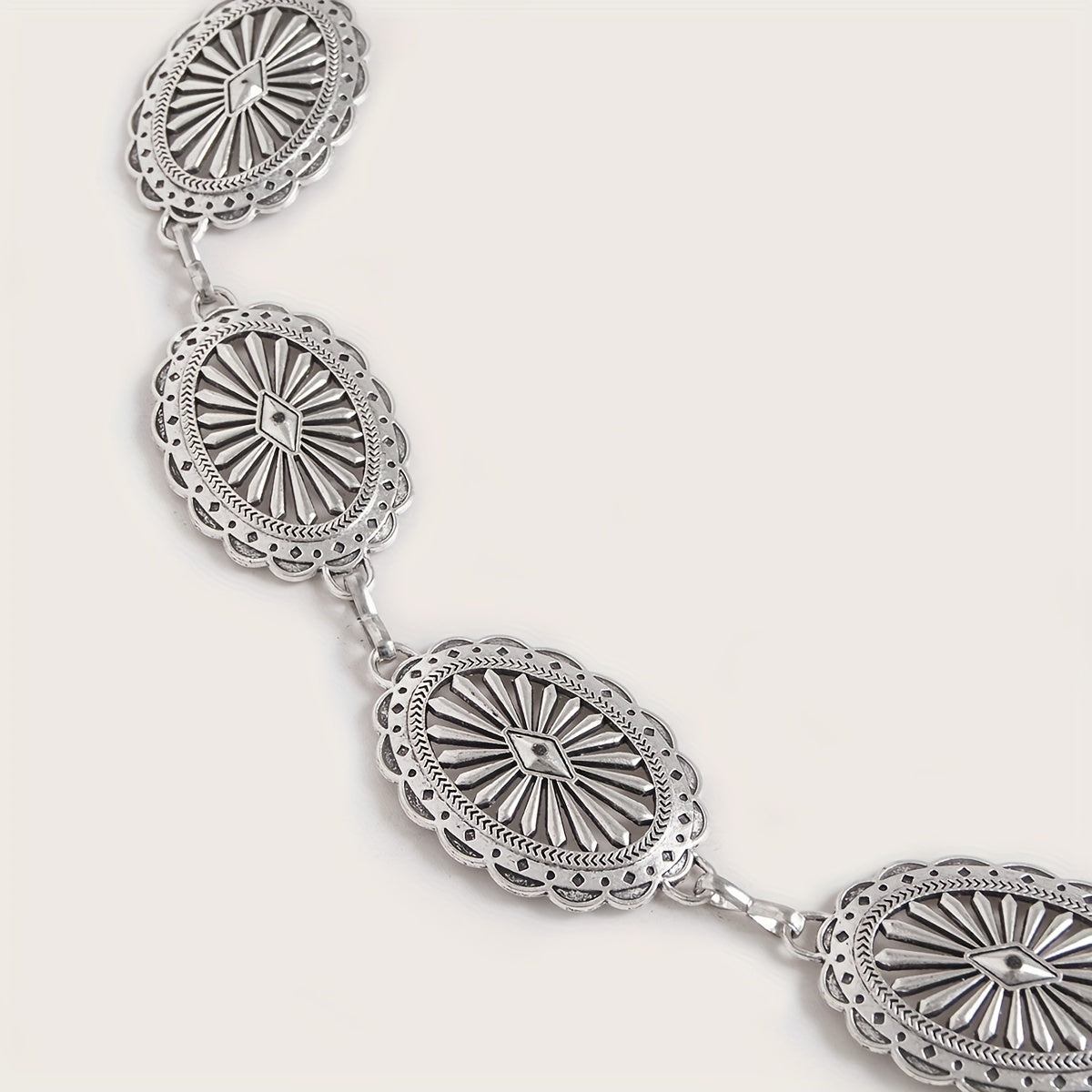 Silvery Hollow Oval Waist Chain Geometric Flower Carved Metal Body Chain