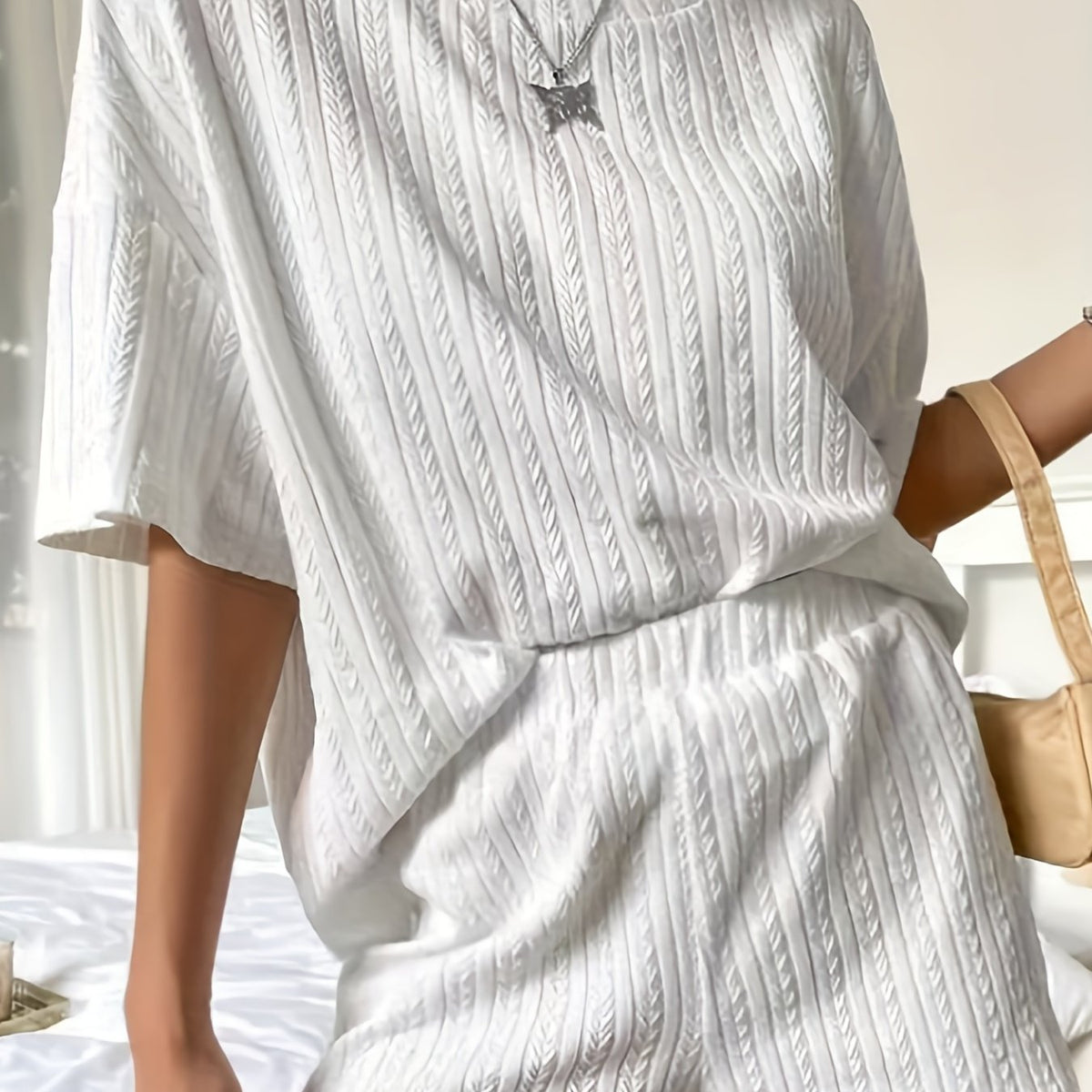  Solid Textured Short Sleeve Round Neck Top & Shorts Set