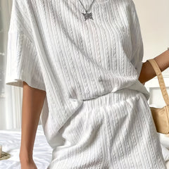  Solid Textured Short Sleeve Round Neck Top & Shorts Set