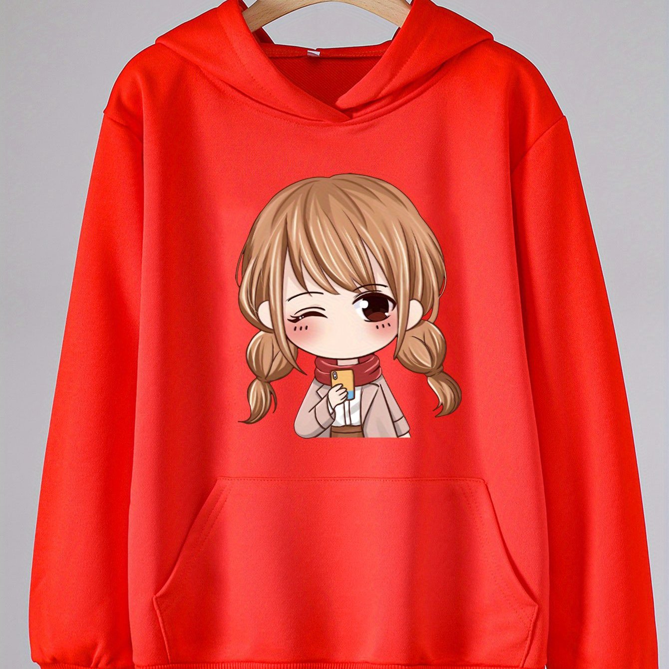 Anime Girl Print Hoodie Casual Sweatshirt for Girls